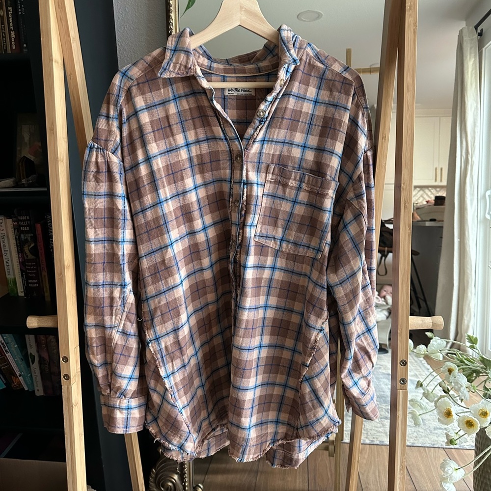 Free People Happy Hour Flannel Shirt in tan